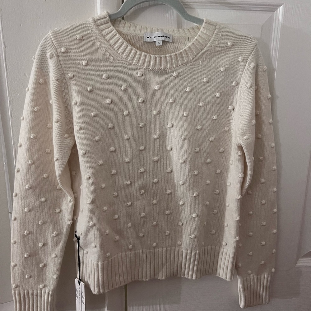 White + Warren Cashmere Popcorn Cable Knit Crew Neck Sweater Ivory size small